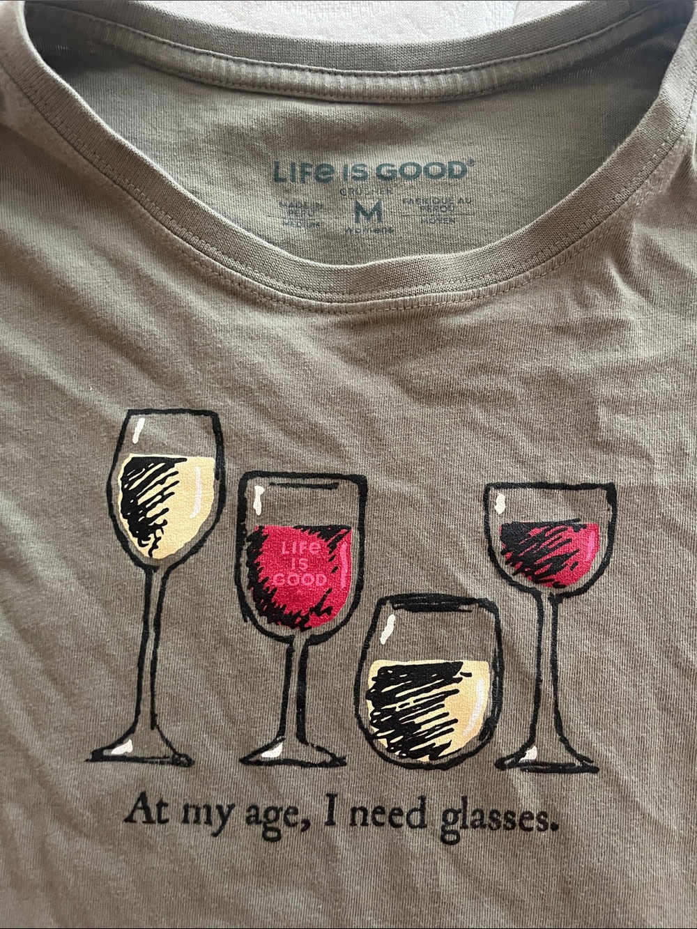 Life Is Good Olive Green Short-Sleeve Tee with Wine Glass Graphic